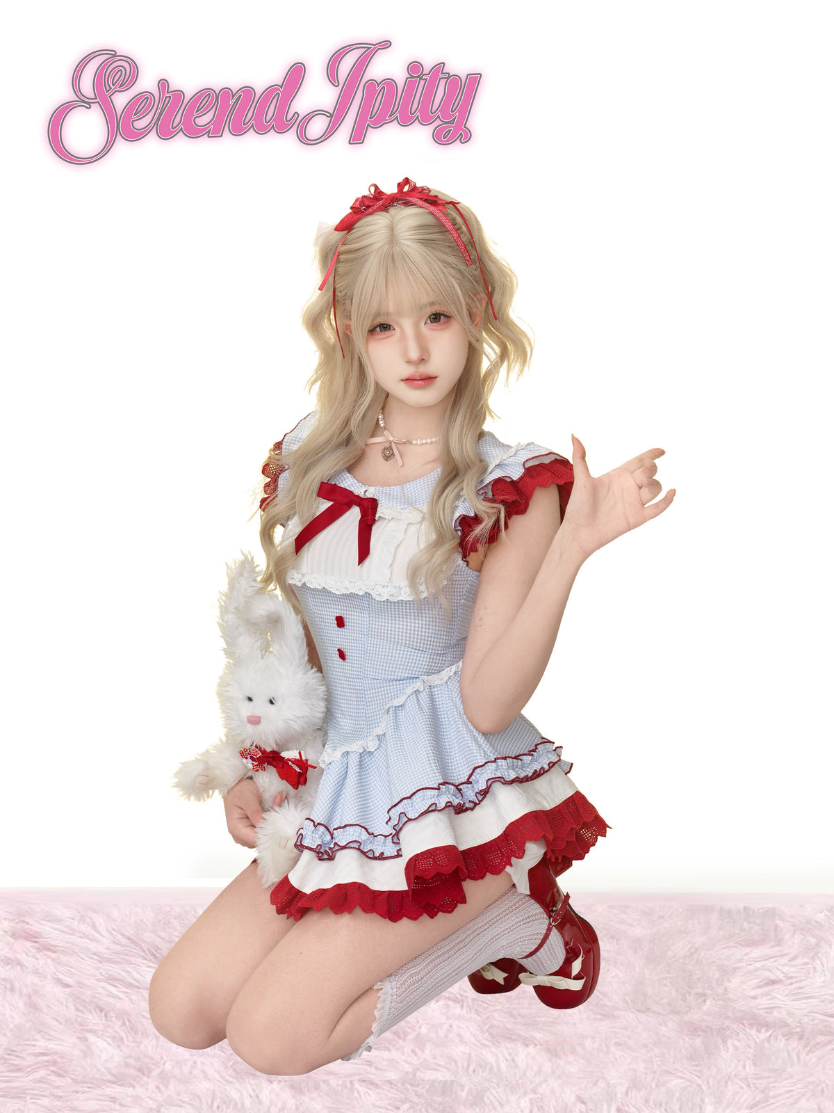 Blue Gingham Pinafore Dress Three-Piece Set SER0165