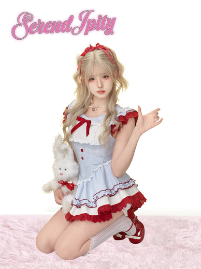 Blue Gingham Pinafore Dress Three-Piece Set SER0165