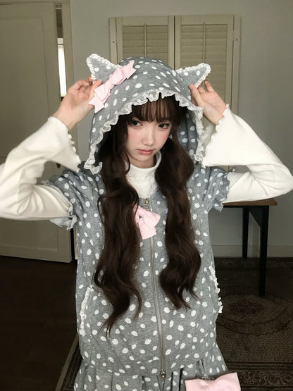 Polka Dot Hooded Zip Cardigan Shorts Set LAL0240