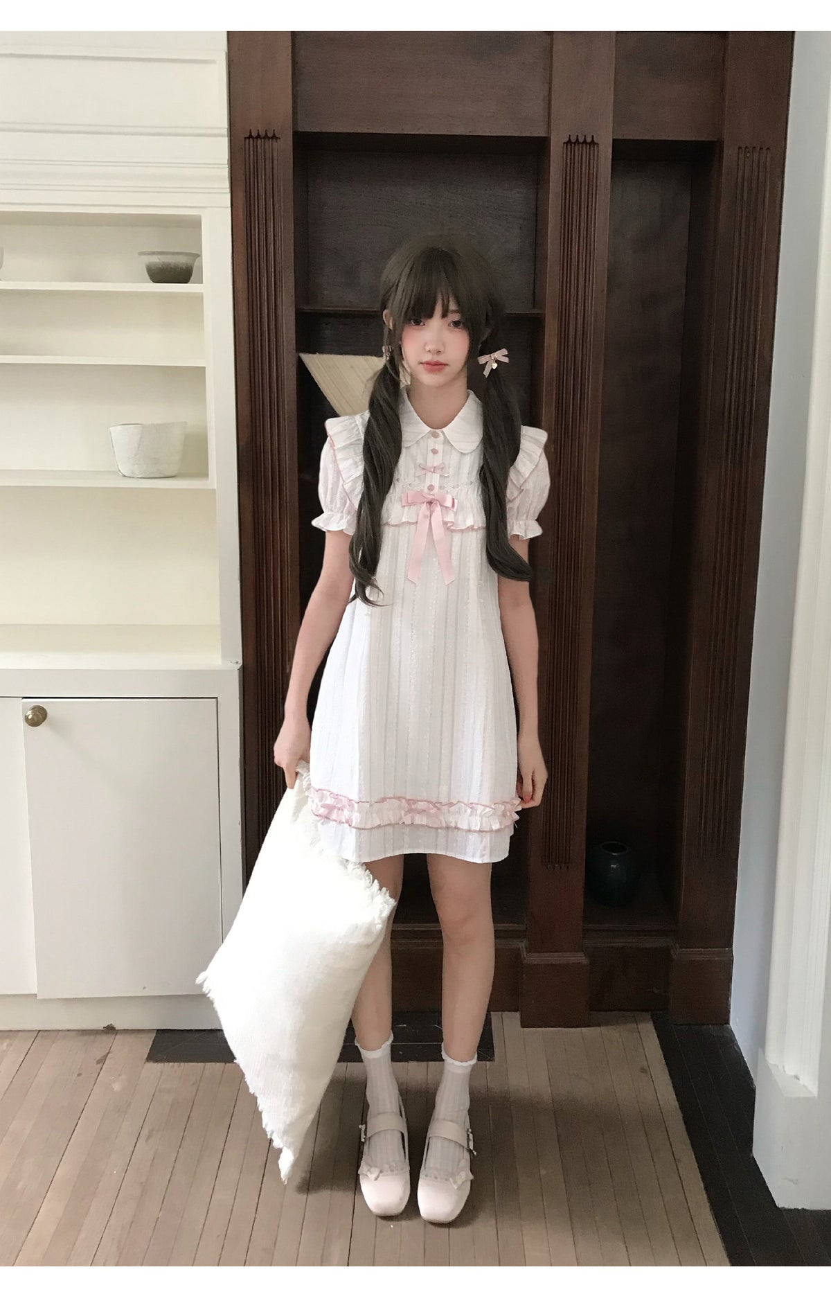 Ivory Pinstripe Ruffle Lolita Dress With Ribbon LAL0183