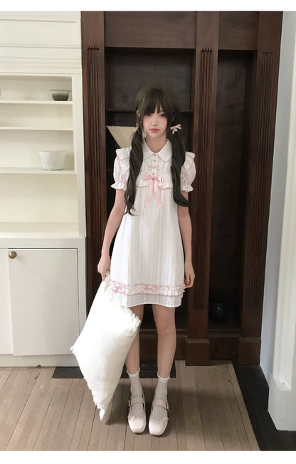 Ivory Pinstripe Ruffle Lolita Dress With Ribbon LAL0183