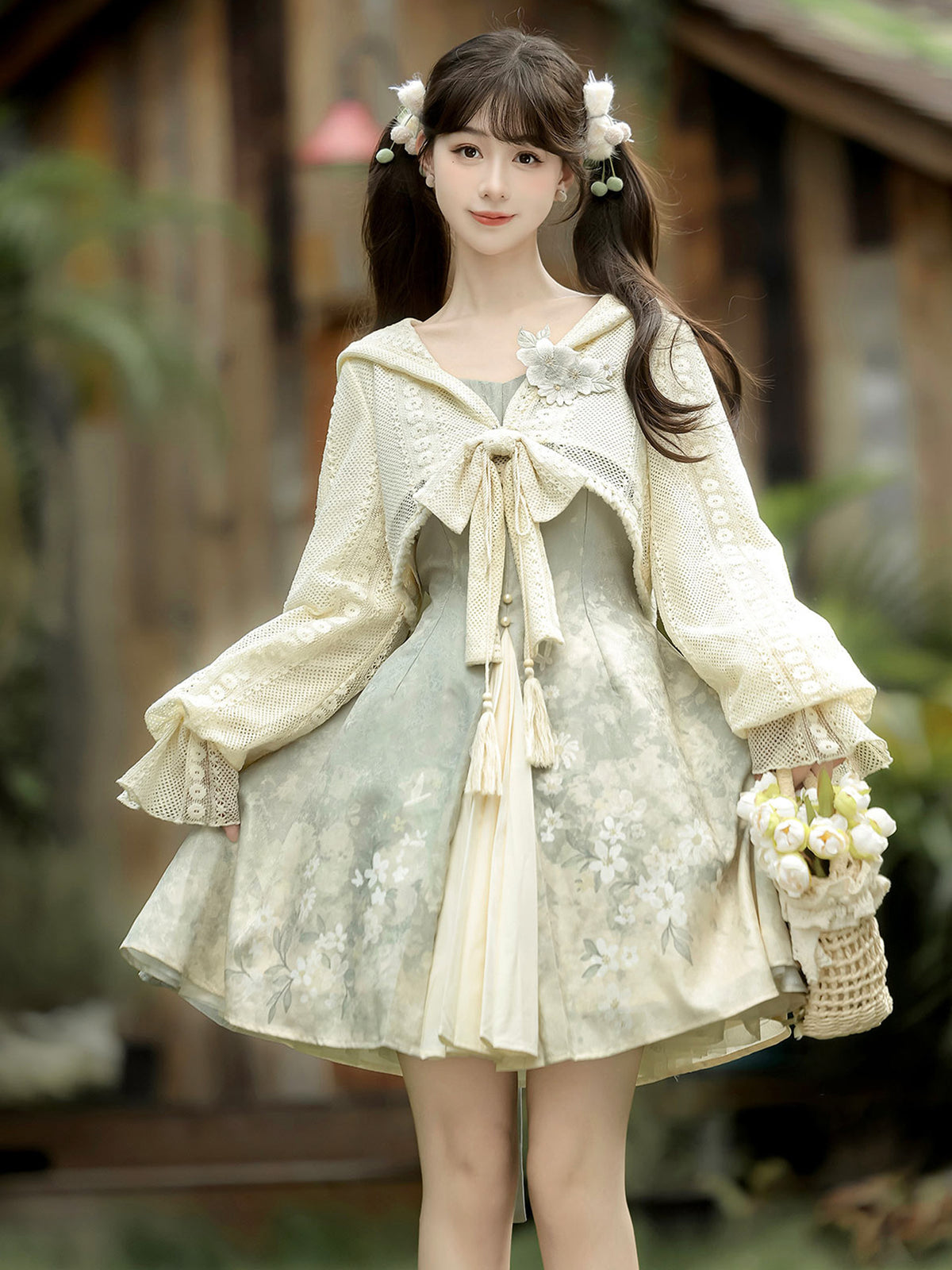 Chinese Style Hooded Top And Floral Dress Set YOU0313