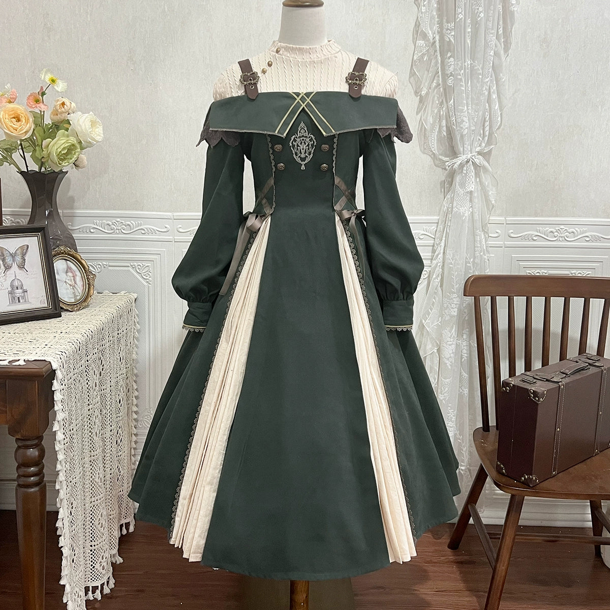 Dark Green British College Style A-Line Dress YOU0164