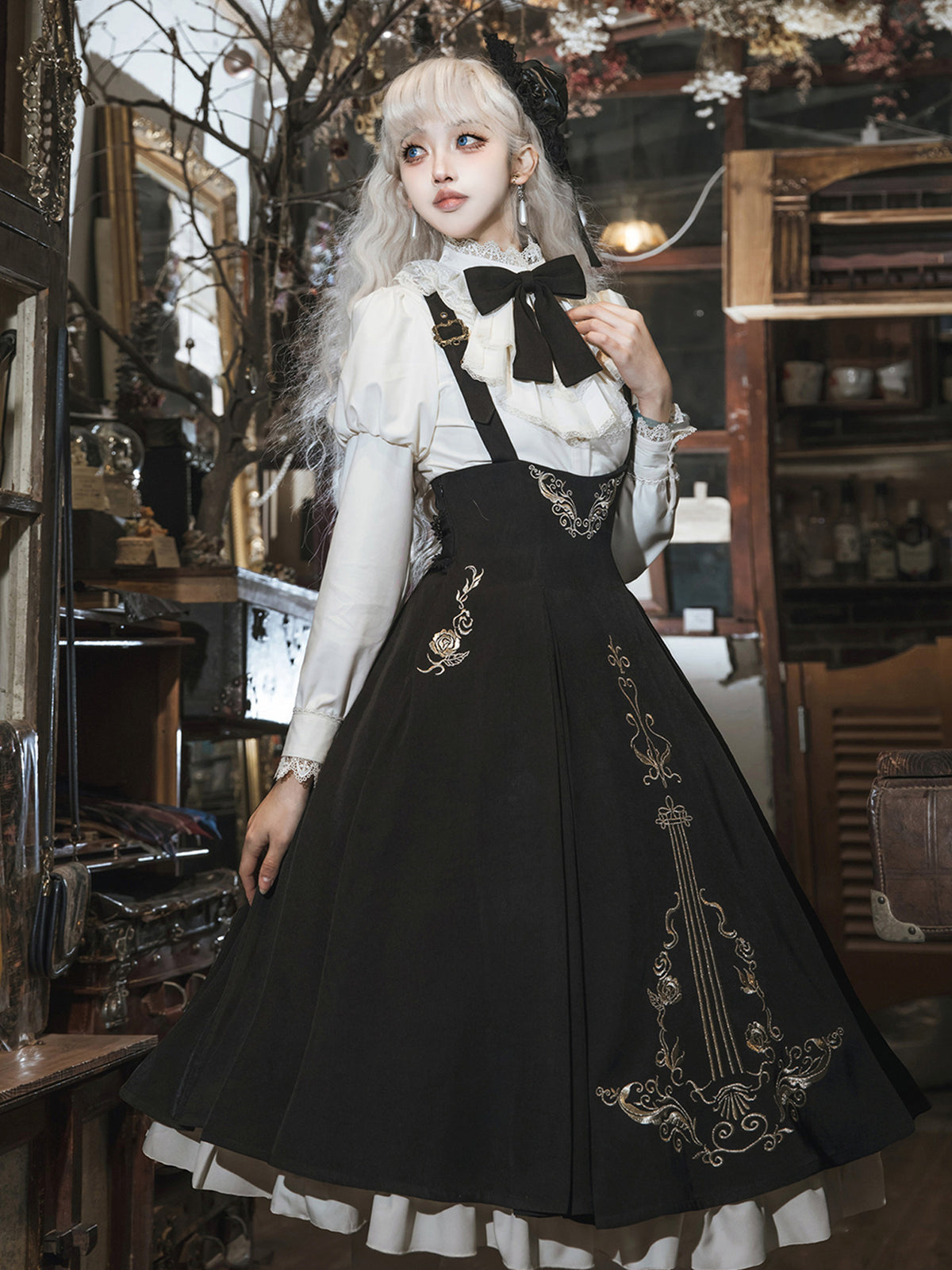 Gothic Violin Embroidered Suspender Dress Set YOU0231