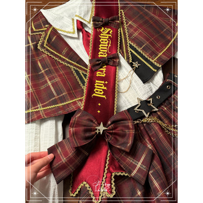 Plaid Cape Necktie Blouse With Tiered Skirt LAL0168