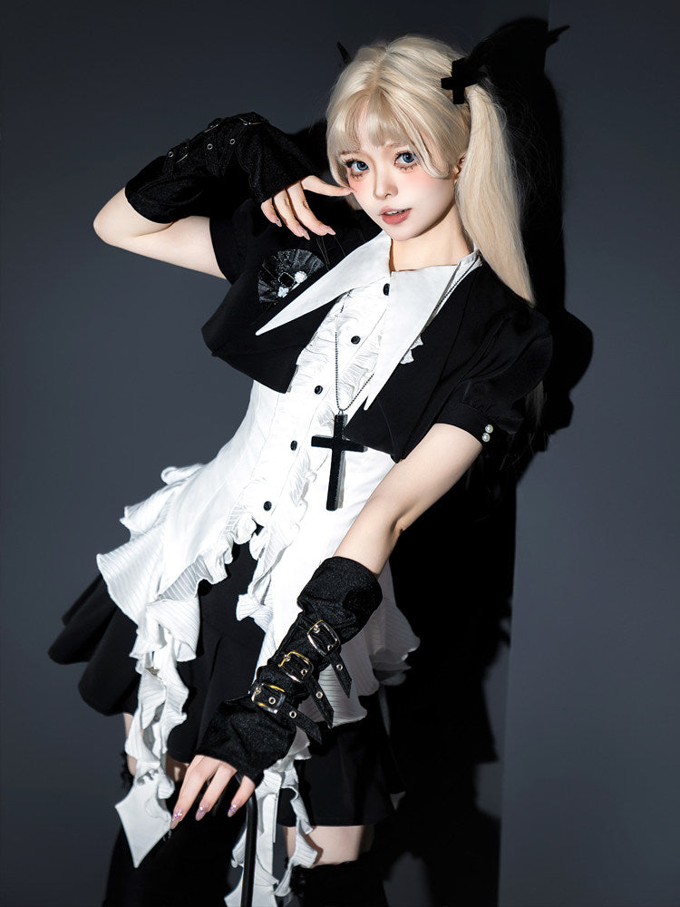 Black White Gothic Lolita Blouse Skirt Set YOU0290
