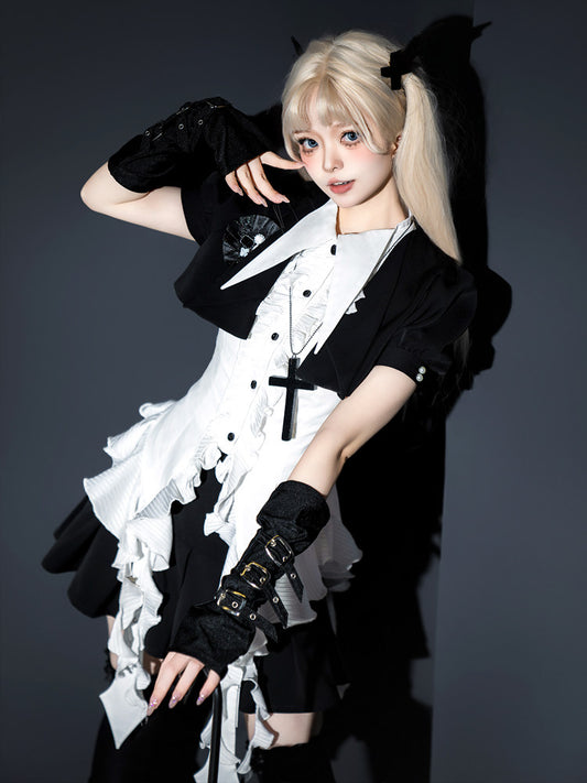 Black White Gothic Lolita Blouse Skirt Set YOU0290