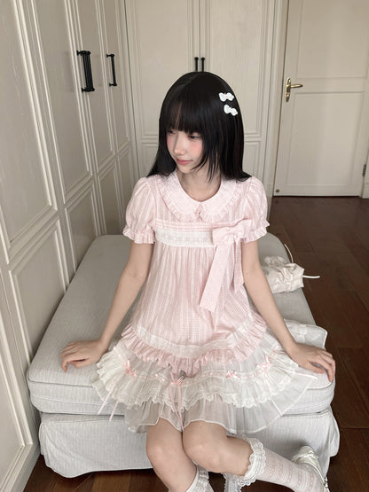 Sweet Bow Lace Doll Collar Puff Sleeve Dress LAL0225