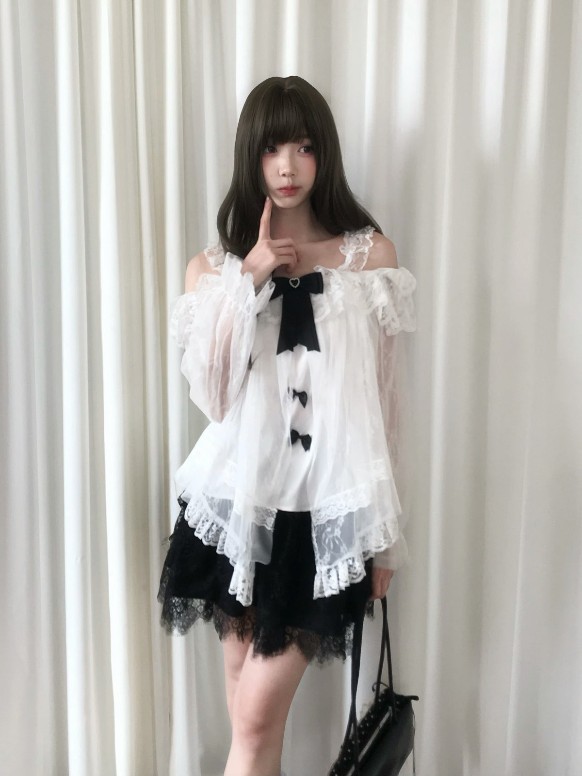 Off Shoulder Sheer Lace Blouse With Bow Trim LAL0128