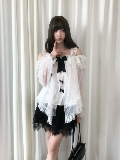 Off Shoulder Sheer Lace Blouse With Bow Trim LAL0128