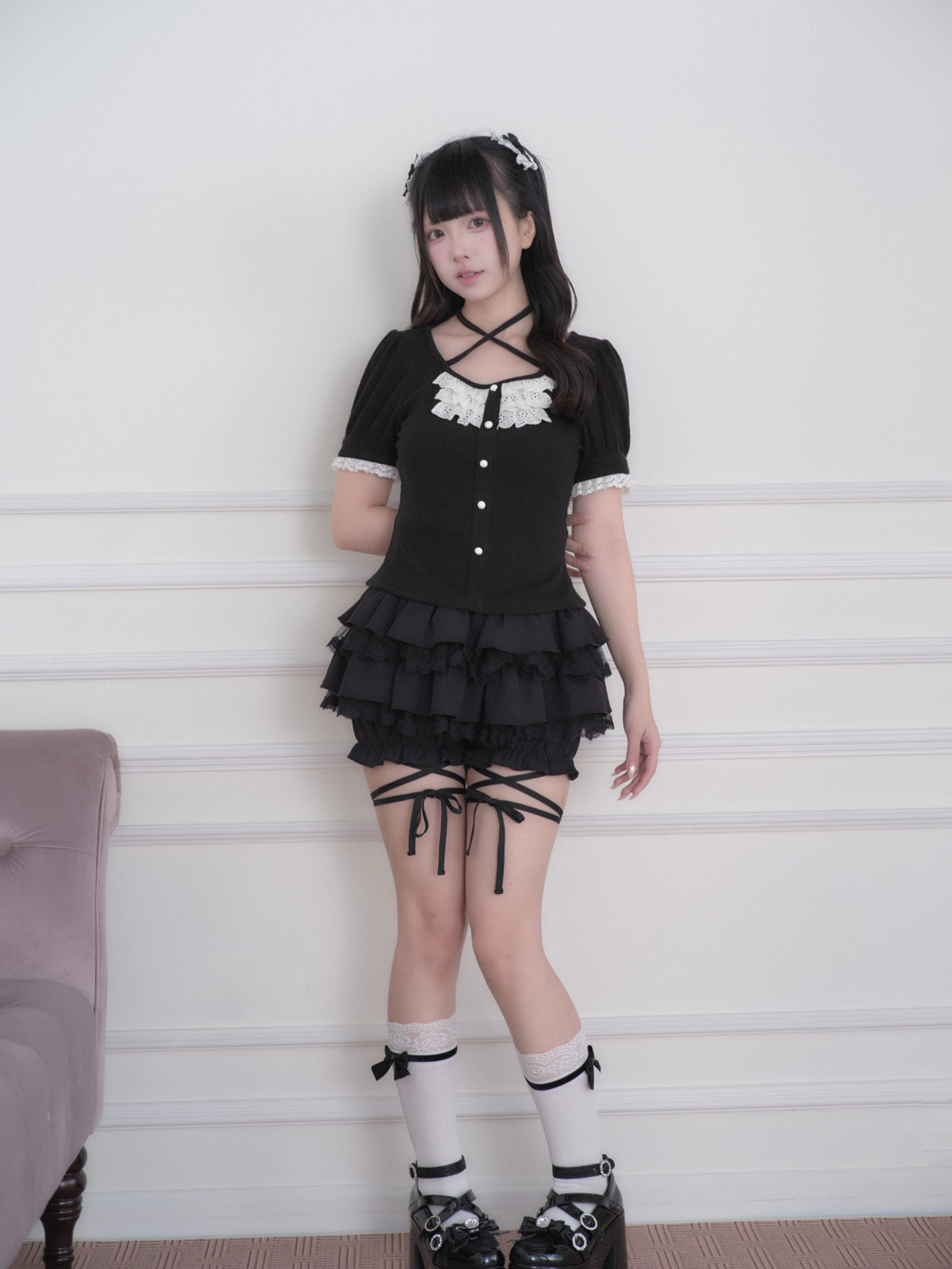 Criss-Cross Lace Trim Knit Top NOG0031
