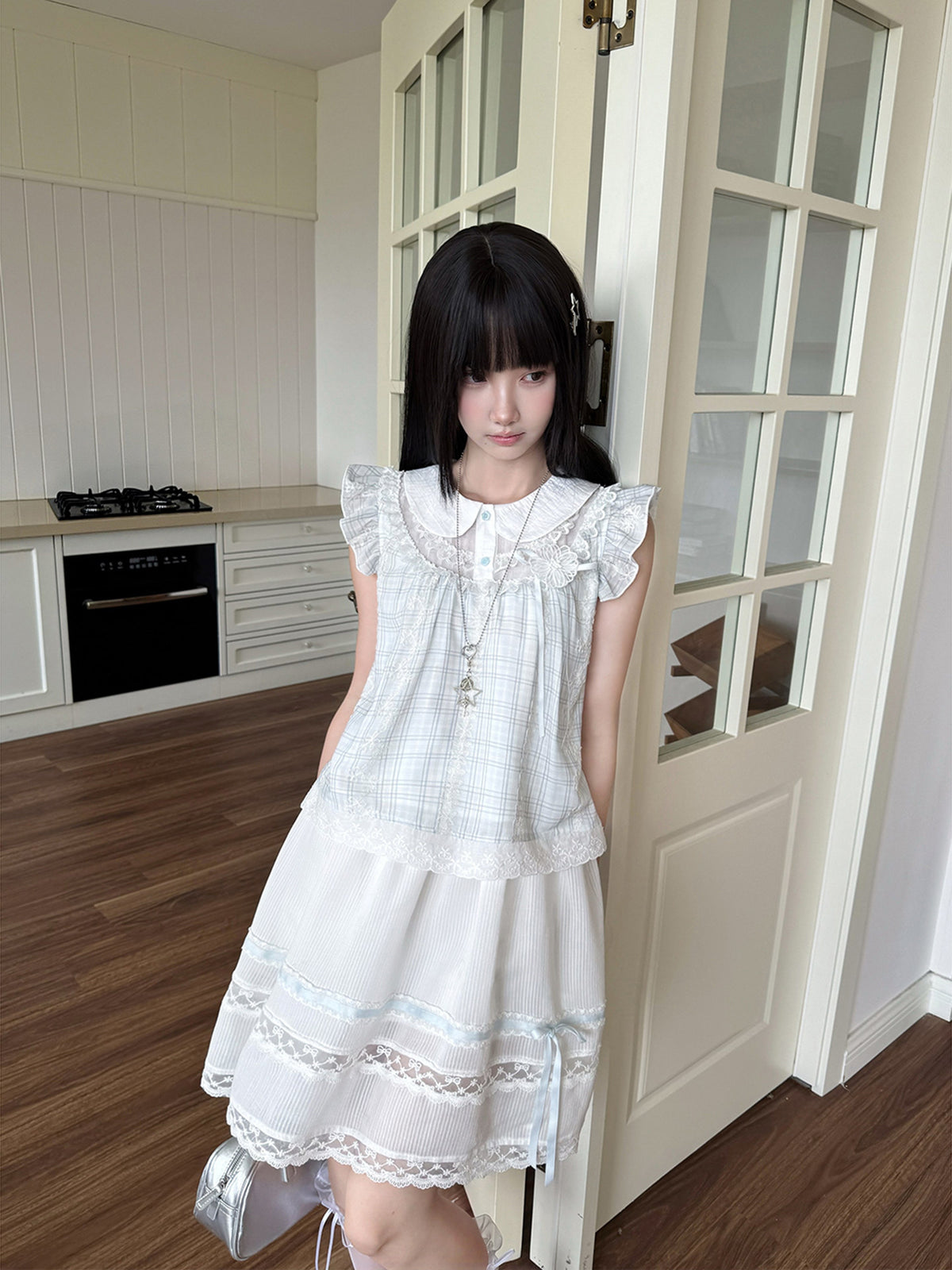 Doll Collar Flutter Sleeve Gingham Check Blouse LAL0224