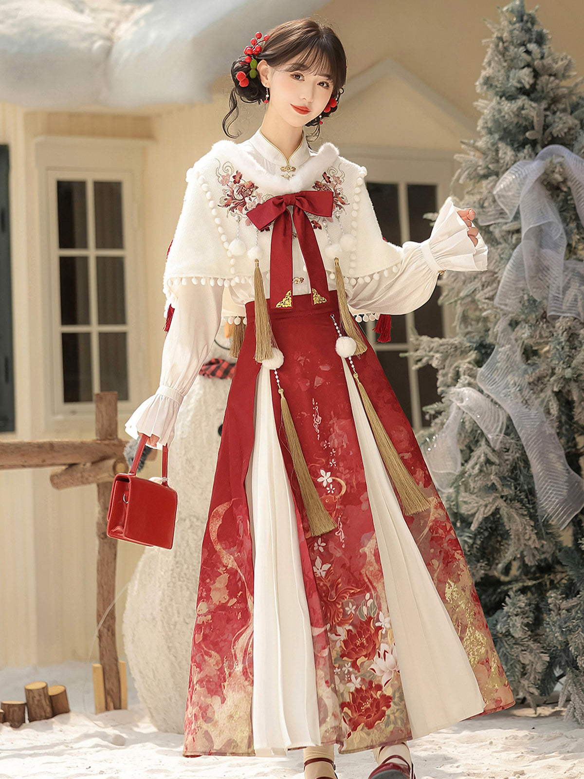 Chinese Style Floral Shirt Skirt And Cape Set YOU0325