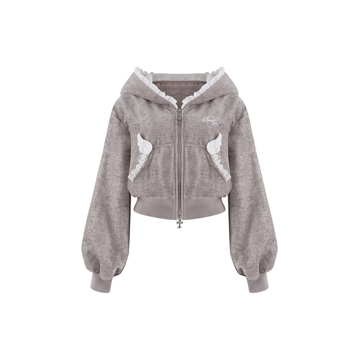 Cat Ear Hooded Grey Jacket And Ruffle Cake Skirt Set SER0157