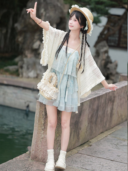 Tie-Dye Mint Camisole Dress With Crochet Shawl YOU0282