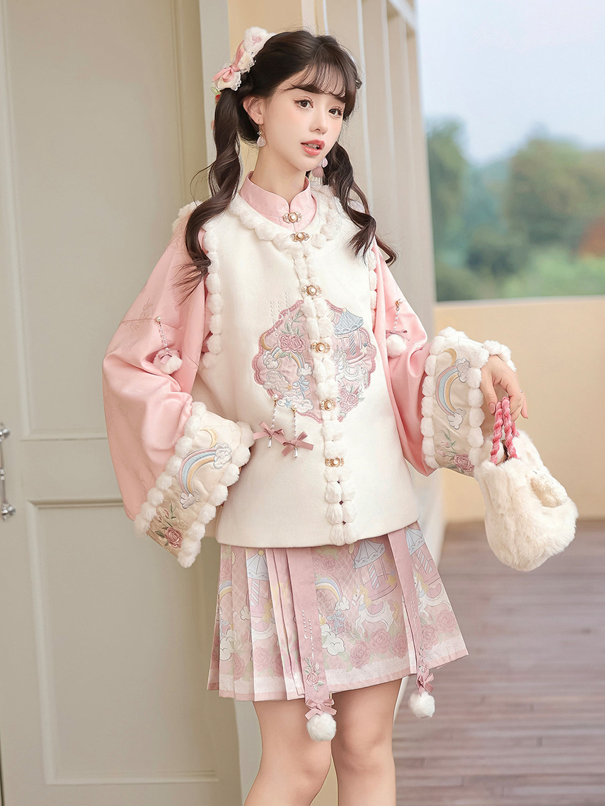 Chinese Style Floral Embroidered Vest Top Pleated Skirt Set YOU0265