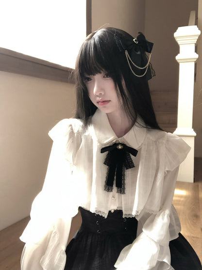 Ribbon Collar Blouse And Plaid Skirt Set LAL0141
