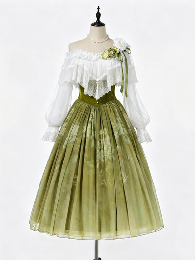 Olive Green Vintage Lace Ruffle Blouse And Skirt Set YOU0306