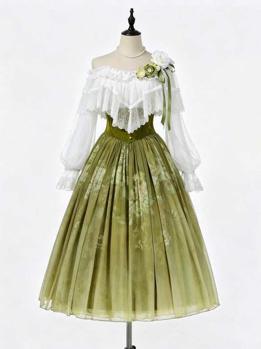 Olive Green Vintage Lace Ruffle Blouse And Skirt Set YOU0306