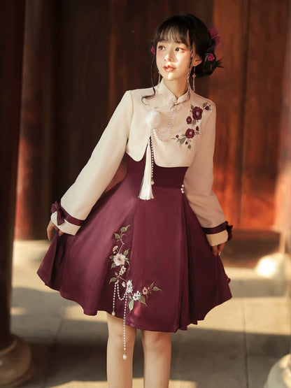 Embroidered flowers Short Jacket and Red China Dress YOU0011