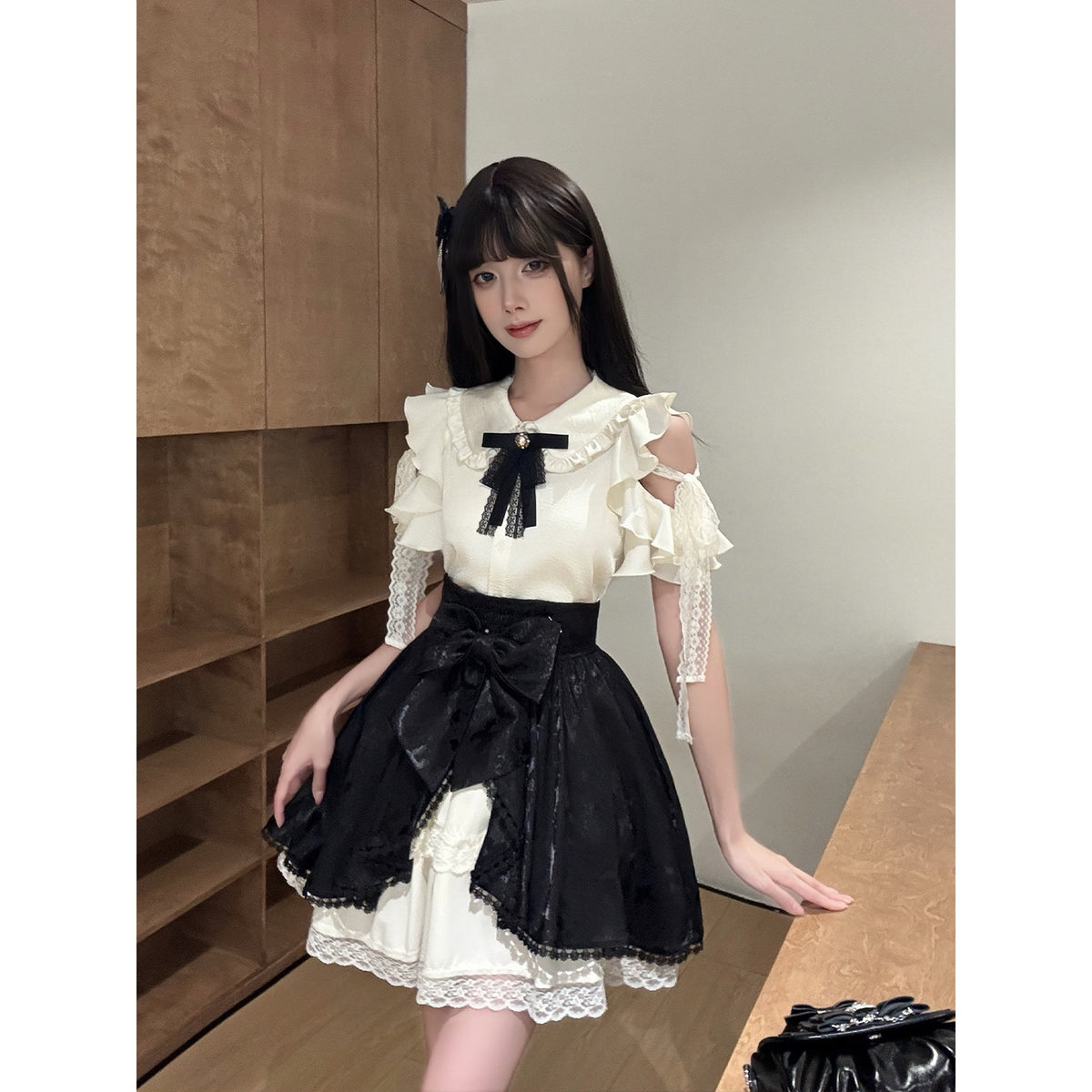 Cold Shoulder Ruffle Bow Blouse LAL0220