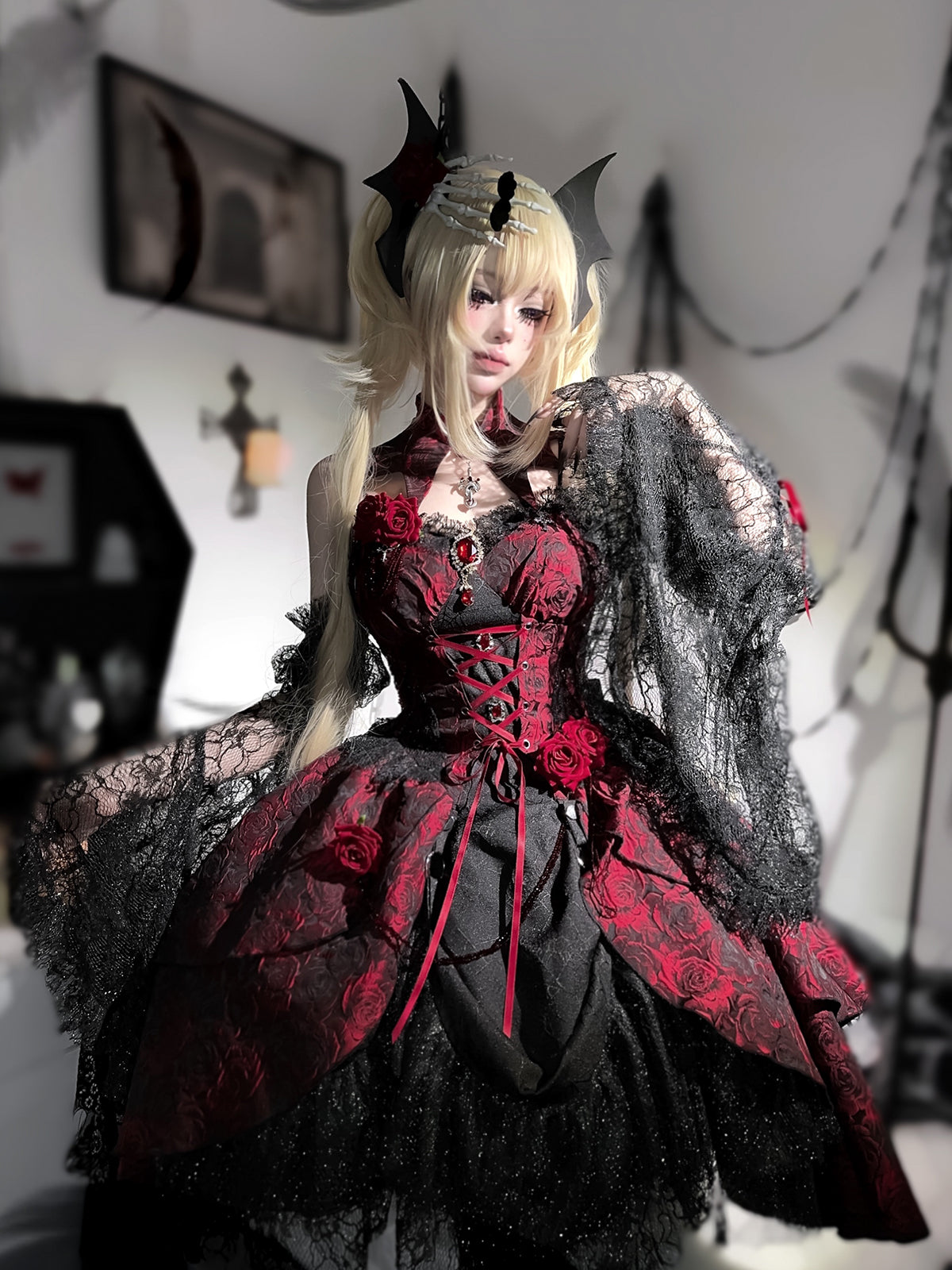 【予約商品】Rose Lolita Dark Style High Waist Dress YOU0179