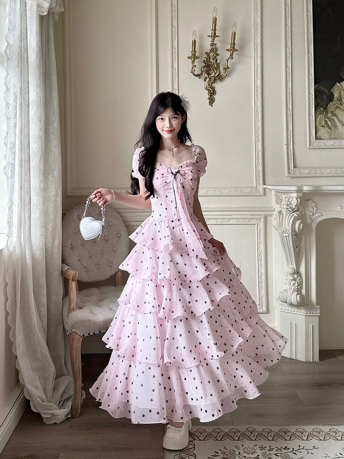 Polka Dot Square Neck Puff Sleeve Tiered Dress BEL0027