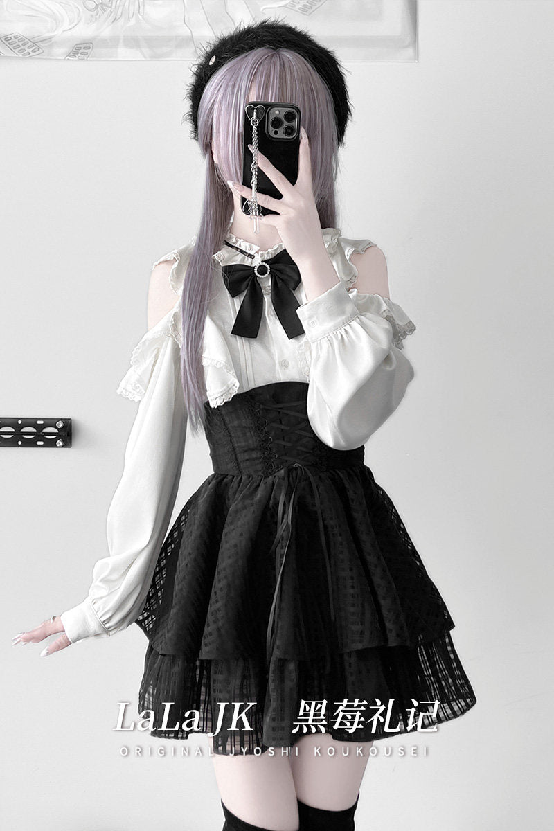 Ribbon Bow Blouse With Corset Tiered Skirt LAL0155