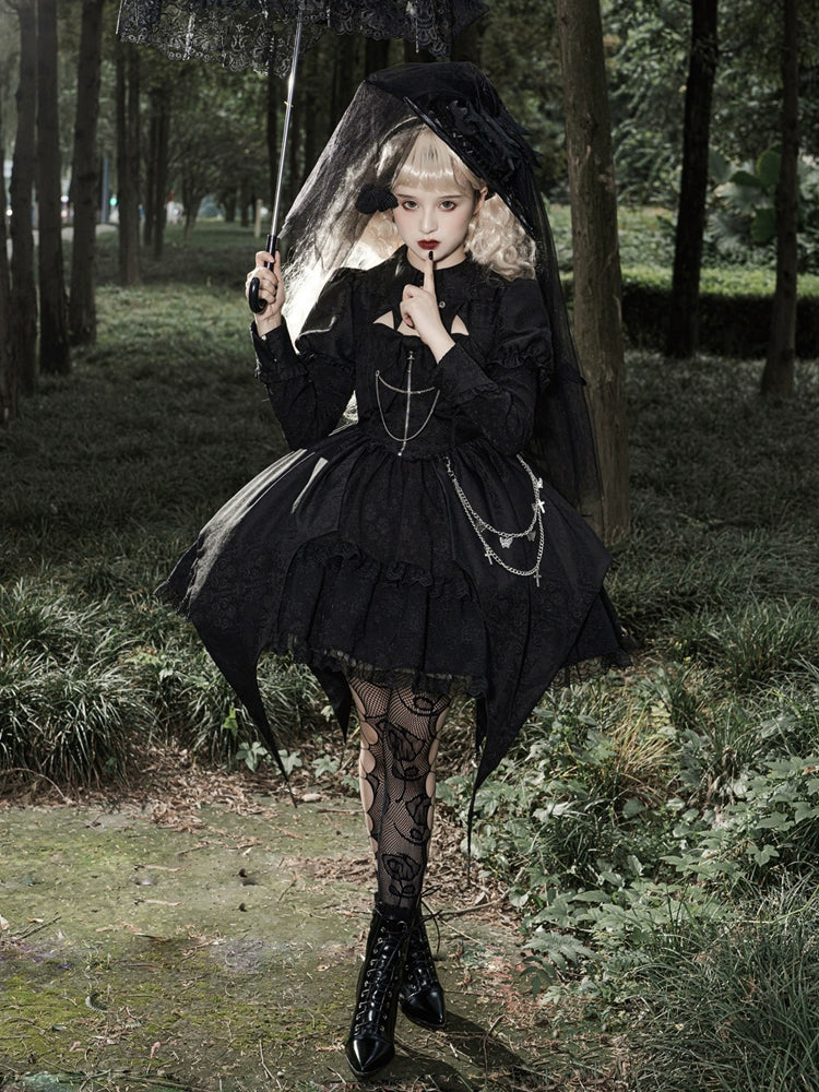 Dark Style High Waist Lolita Black Dress YOU0009