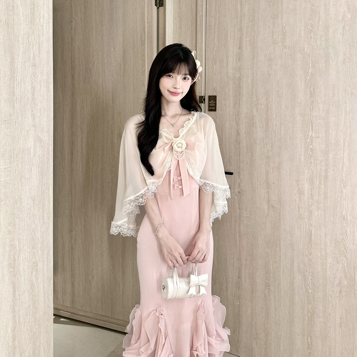 Lace Shawl Ruffle Mermaid Strap Dress Set BEL0038