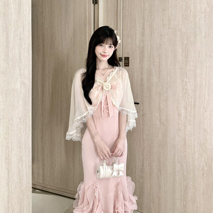 Lace Shawl Ruffle Mermaid Strap Dress Set BEL0038