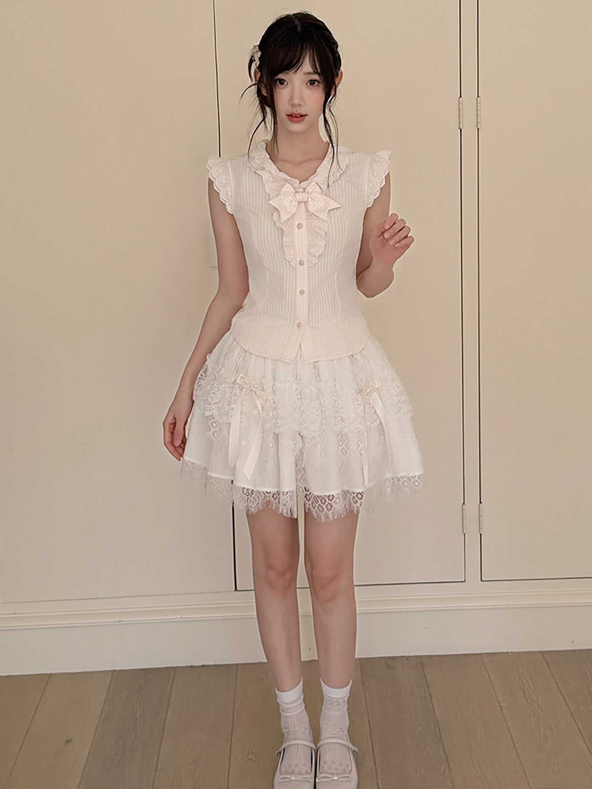Apricot Pleated Bow Collar Blouse LAL0174