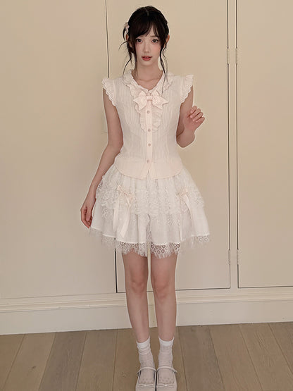 Apricot Pleated Bow Collar Blouse LAL0174