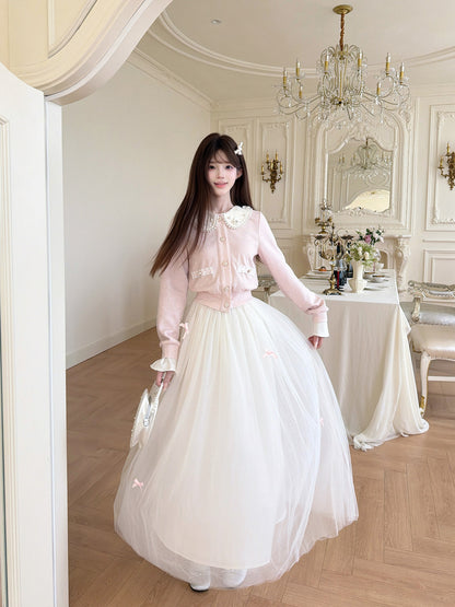 Doll Collar Knit Cardigan Mesh Skirt Set BEL0043