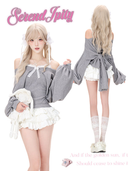 Big Bow Off-Shoulder Sweater With Tiered Skirt SER0154