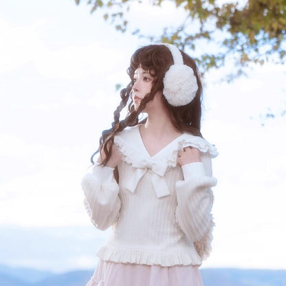 Ruffle Collar Bow Knit Sweater With Tiered Skirt LAL0162
