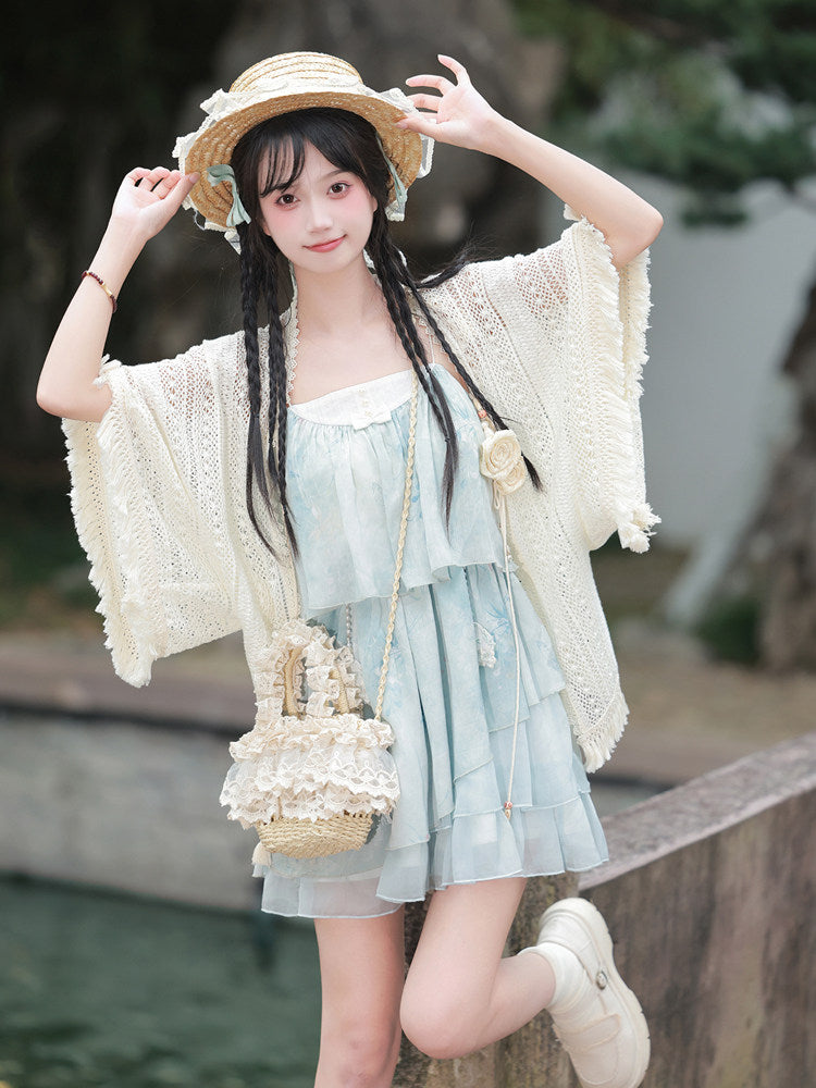 Tie-Dye Mint Camisole Dress With Crochet Shawl YOU0282