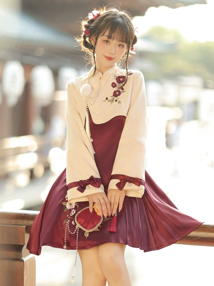 Embroidered flowers Short Jacket and Red China Dress YOU0011