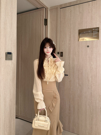 Ruffle Collar Blouse Fishtail Maxi Skirt Set BEL0041