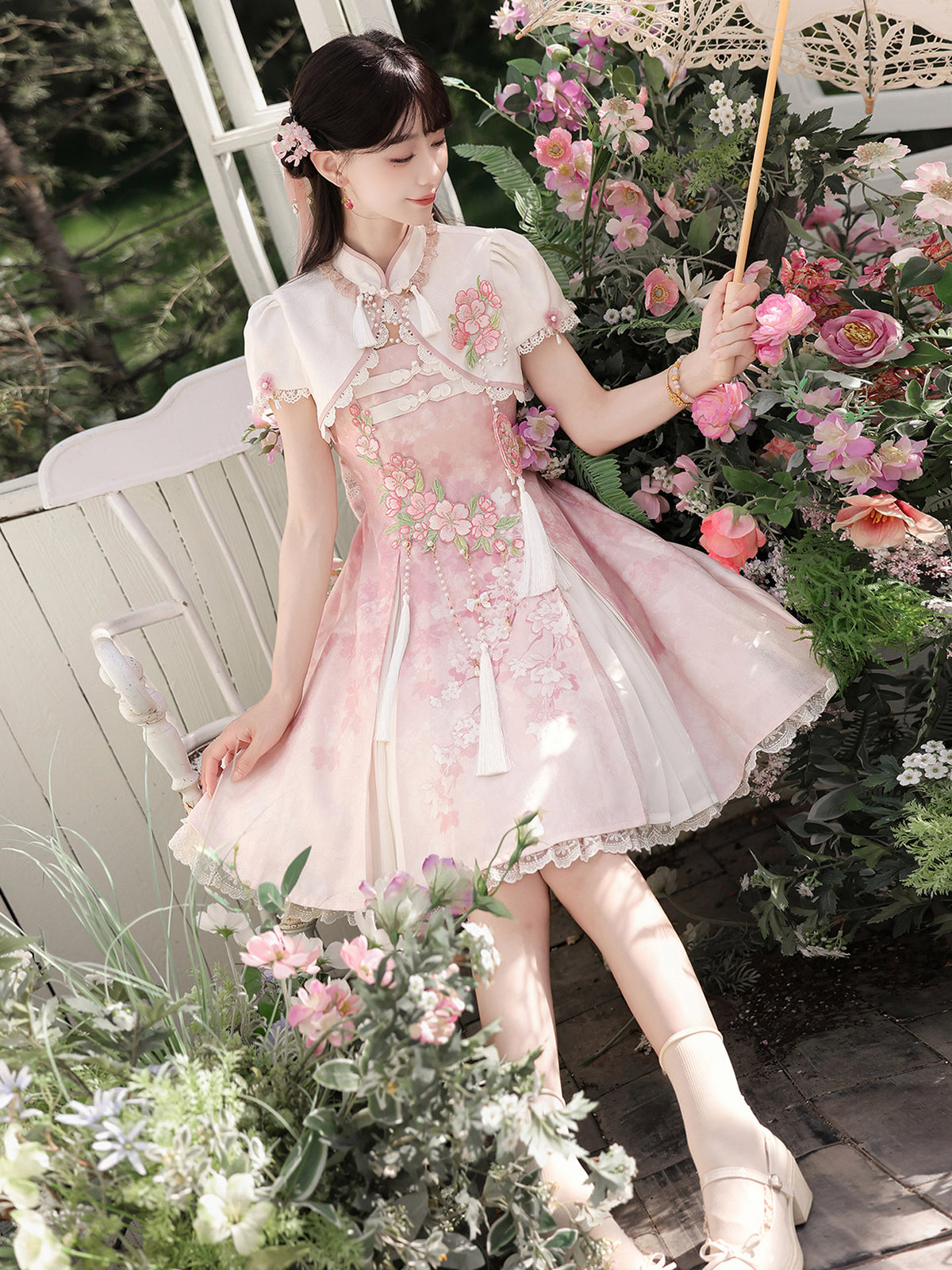 Chinese Style Cherry Blossom Embroidered Cape Dress YOU0272