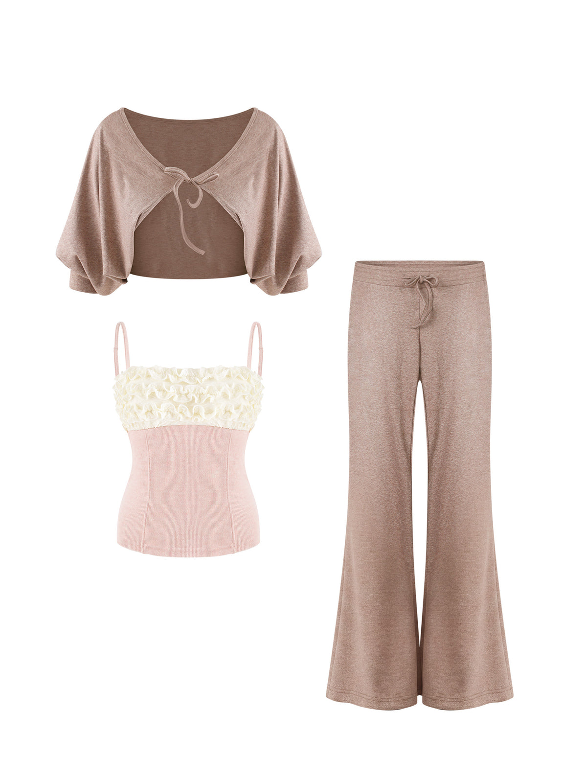 Crop Cardigan Lace Camisole Wide Pants Set SER0161