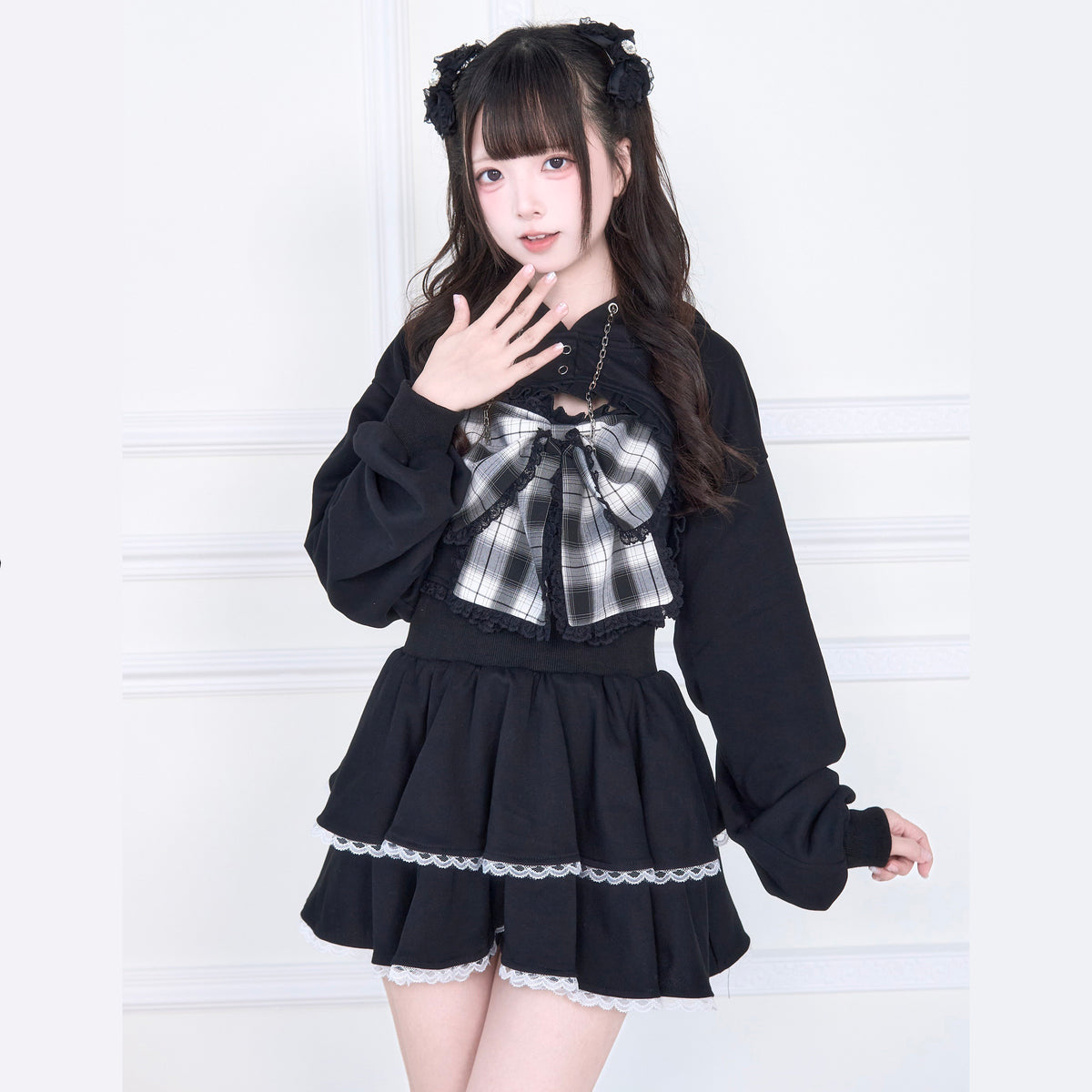 Plaid Bow Bandeau Hoodie Set NOG0039