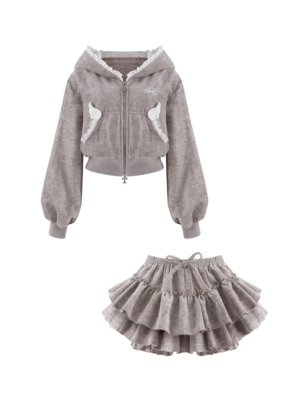 Cat Ear Hooded Grey Jacket And Ruffle Cake Skirt Set SER0157
