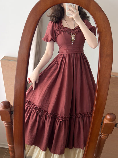 Vintage Square-Neck Puff-Sleeve Tiered Dress FOR0073