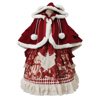 Hooded Christmas Cape and Bear Print Dress YOU0148