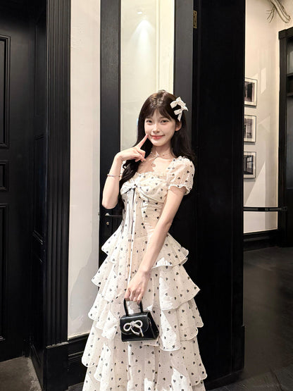 Polka Dot Square Neck Puff Sleeve Tiered Dress BEL0027