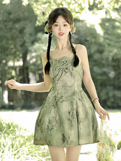 Bamboo Print Chinese Style Sundress With Sheer Cardigan YOU0281