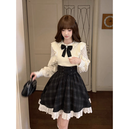 Lace Trim Black Bow Knit Top LAL0146