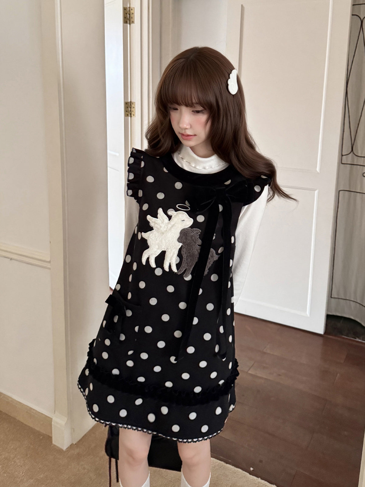 Polka Dot Tank Dress With Lamb Embroidery LAL0241