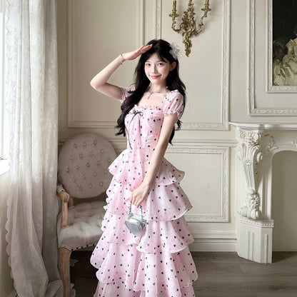 Polka Dot Square Neck Puff Sleeve Tiered Dress BEL0027
